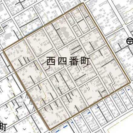 西四番町とその周辺の地図。町の範囲を重ねている