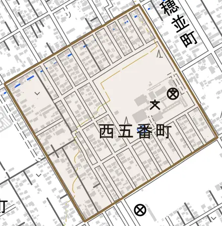 西五番町とその周辺の地図。町の範囲を重ねている