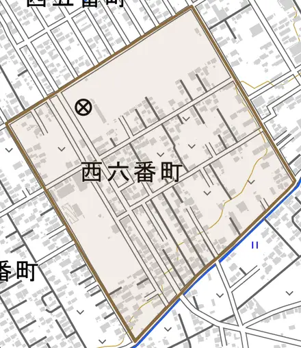 西六番町とその周辺の地図。町の範囲を重ねている