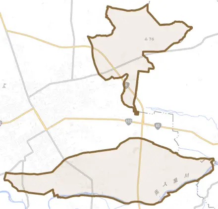 大字相坂とその周辺の地図。町の範囲を重ねている