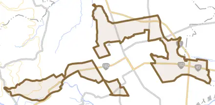 大字三本木とその周辺の地図。町の範囲を重ねている