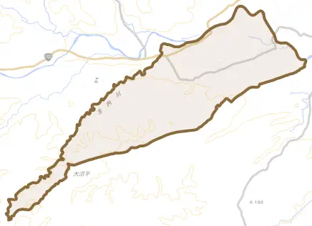大字沢田とその周辺の地図。町の範囲を重ねている