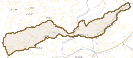 大字滝沢とその周辺の地図。町の範囲を重ねている