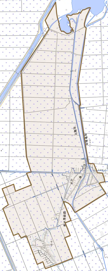 稲垣町千年とその周辺の地図。町の範囲を重ねている