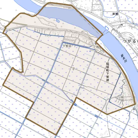 稲垣町下繁田とその周辺の地図。町の範囲を重ねている