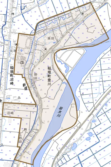 稲垣町豊川とその周辺の地図。町の範囲を重ねている