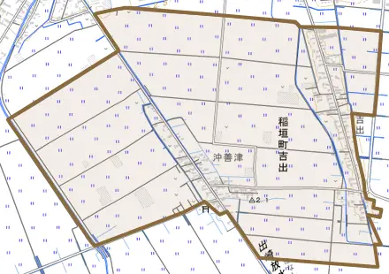 稲垣町吉出とその周辺の地図。町の範囲を重ねている