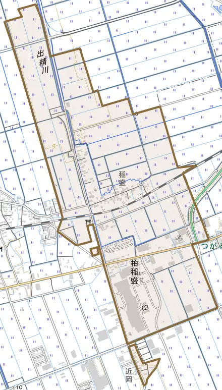 柏稲盛とその周辺の地図。町の範囲を重ねている
