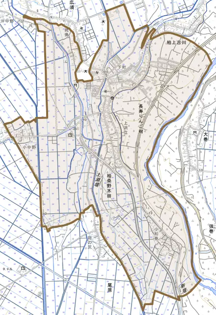 柏桑野木田とその周辺の地図。町の範囲を重ねている