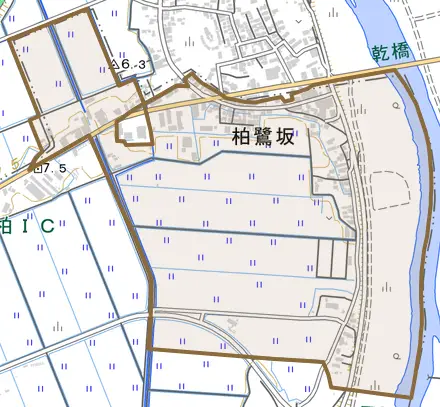 柏鷺坂とその周辺の地図。町の範囲を重ねている