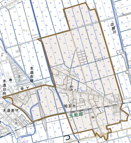 柏玉水とその周辺の地図。町の範囲を重ねている