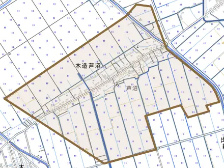 木造芦沼とその周辺の地図。町の範囲を重ねている