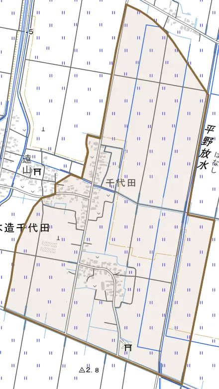木造千代田とその周辺の地図。町の範囲を重ねている