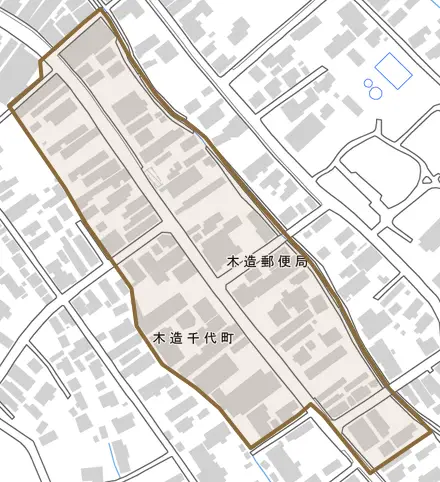 木造千代町とその周辺の地図。町の範囲を重ねている