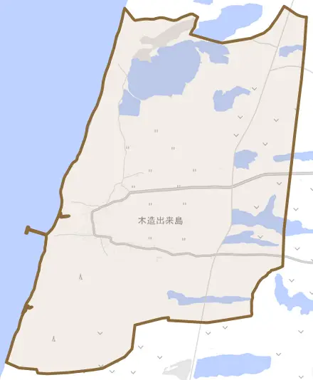 木造出来島とその周辺の地図。町の範囲を重ねている