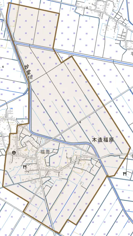 木造福原とその周辺の地図。町の範囲を重ねている
