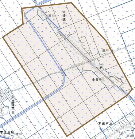 木造蓮川とその周辺の地図。町の範囲を重ねている
