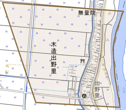 木造出野里とその周辺の地図。町の範囲を重ねている