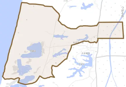木造亀ケ岡とその周辺の地図。町の範囲を重ねている