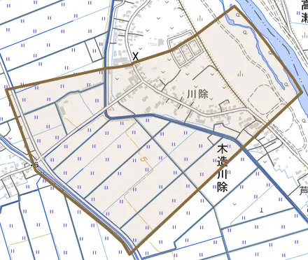 木造川除とその周辺の地図。町の範囲を重ねている