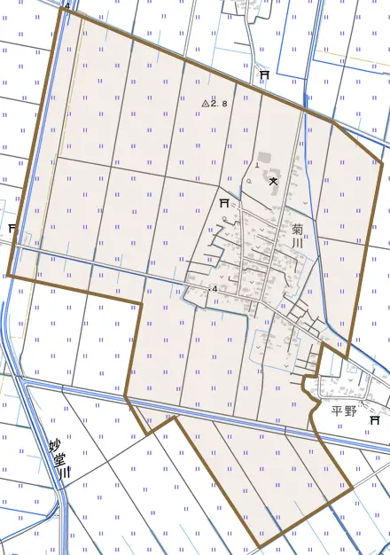 木造菊川とその周辺の地図。町の範囲を重ねている
