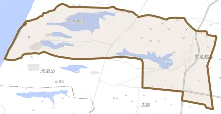 木造越水とその周辺の地図。町の範囲を重ねている