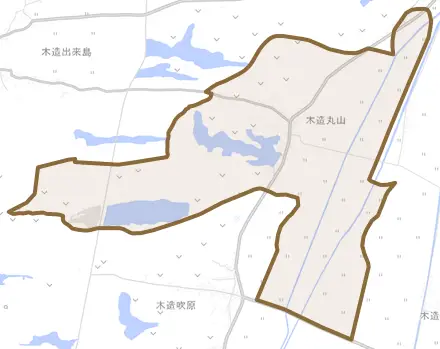 木造丸山とその周辺の地図。町の範囲を重ねている