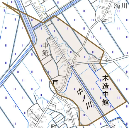 木造中館とその周辺の地図。町の範囲を重ねている