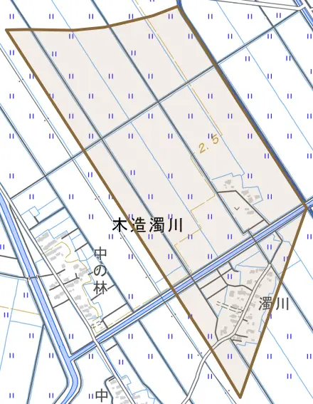 木造濁川とその周辺の地図。町の範囲を重ねている