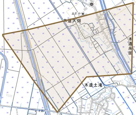 木造大畑とその周辺の地図。町の範囲を重ねている
