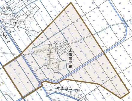 木造蓮花田とその周辺の地図。町の範囲を重ねている