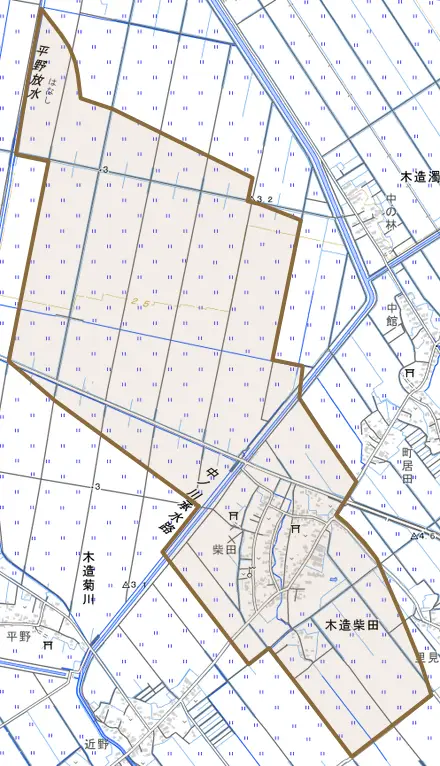 木造柴田とその周辺の地図。町の範囲を重ねている