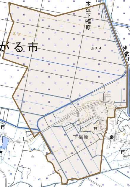 木造下福原とその周辺の地図。町の範囲を重ねている