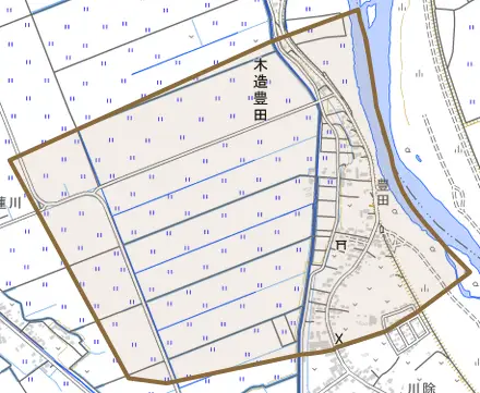 木造豊田とその周辺の地図。町の範囲を重ねている