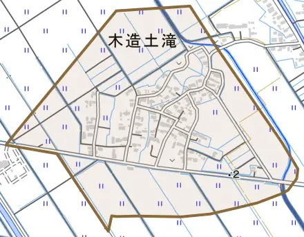 木造土滝とその周辺の地図。町の範囲を重ねている