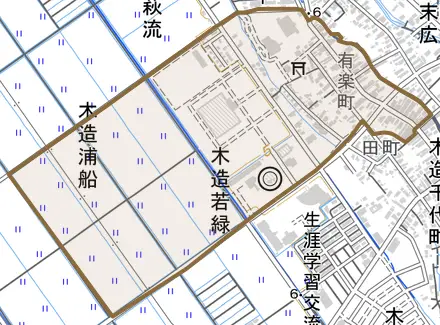 木造有楽町とその周辺の地図。町の範囲を重ねている