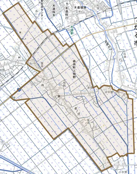 森田町上相野とその周辺の地図。町の範囲を重ねている