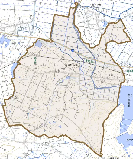 森田町大館とその周辺の地図。町の範囲を重ねている
