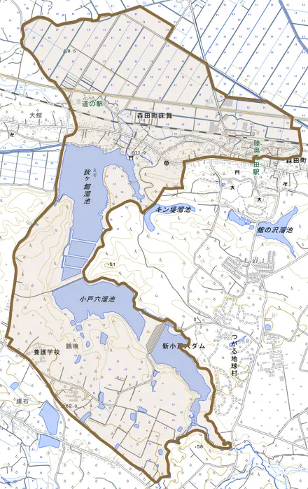 森田町床舞とその周辺の地図。町の範囲を重ねている