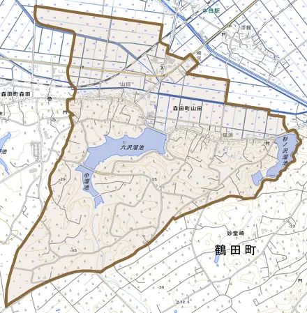 森田町山田とその周辺の地図。町の範囲を重ねている