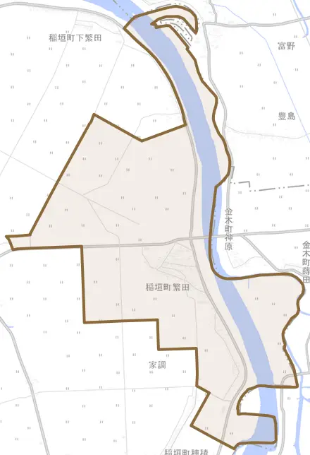 稲垣町繁田とその周辺の地図。町の範囲を重ねている