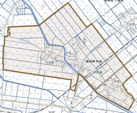 森田町中田とその周辺の地図。町の範囲を重ねている