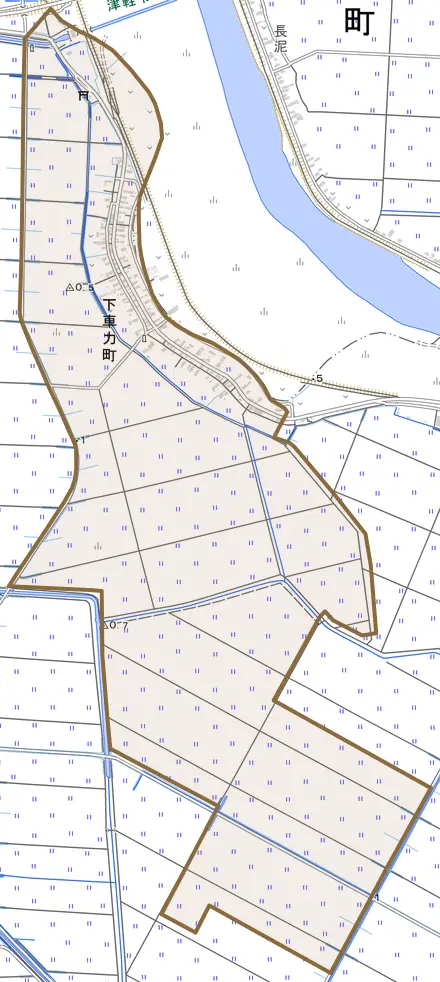 下車力町とその周辺の地図。町の範囲を重ねている