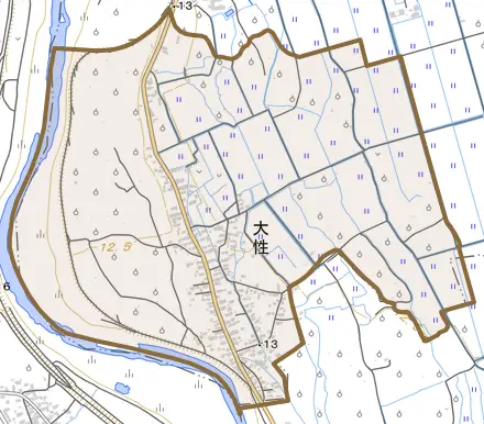 大字大性とその周辺の地図。町の範囲を重ねている
