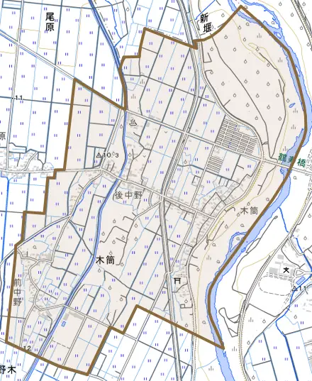 大字木筒とその周辺の地図。町の範囲を重ねている