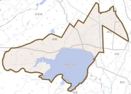 大字廻堰とその周辺の地図。町の範囲を重ねている