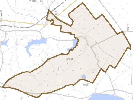 大字妙堂崎とその周辺の地図。町の範囲を重ねている