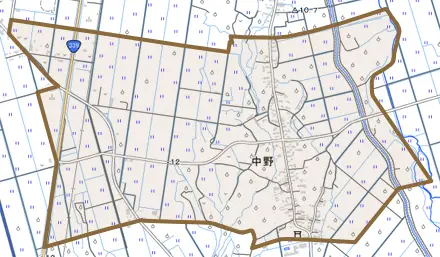 大字中野とその周辺の地図。町の範囲を重ねている