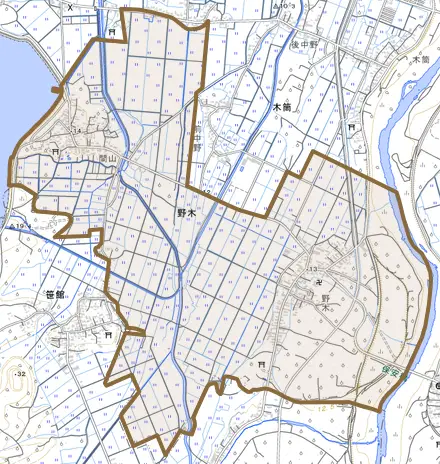 大字野木とその周辺の地図。町の範囲を重ねている