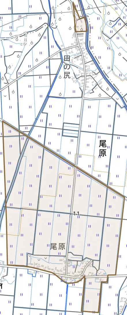 大字尾原とその周辺の地図。町の範囲を重ねている